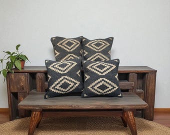 Boho Handwoven Wool Jute Pillow Cover (18x18) – Ethnic Cushion Cover for Sofa, Living Room.