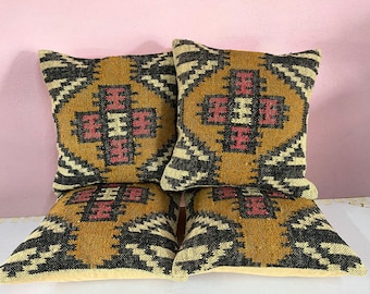 Artisan Handwoven Wool Jute Pillow Cover Set of 4 | Geometric Boho Living Room Decor