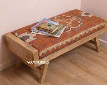 Handmade Wooden Folding Kilim Bench-Kilim Rug Wood Bench-Acacia Wood Frame  Boho Entryway Ottoman | Turkish Vintage Kilim Seat | custom size