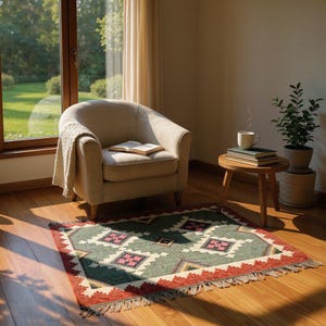 May include: A comfortable living room setting with a beige armchair, a blanket, and an open book. A small wooden side table holds books and a mug. A patterned rug with green, red, and pink geometric designs on a wooden floor.