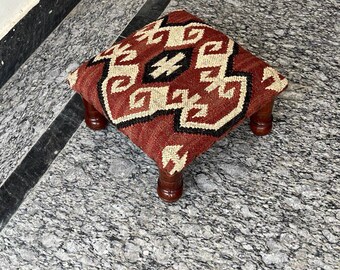 Artisan Made Kilim Pouf Ottoman with Acacia Wood Frame | Vintage Moroccan Style Floor Stool.