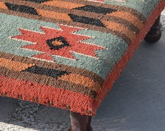 Vintage Kilim Footrest, Boho Kilim Ottoman Coffee Table, Low Wooden Bench, Southwestern Pattern Footstool, Terracotta Sage Green Rug Stool