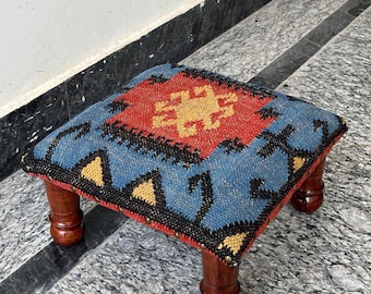 Handmade Kilim Pouf Footstool with Solid Acacia Wood Legs | Moroccan Boho Home Decor.