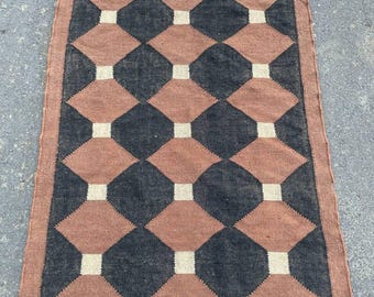 Handmade Wool Jute Rug,Earthy Terracotta Kilim,Diamond Pattern Rug, Boho Chic Small Rug,Vintage Style Flatweave,Housewarming Gist