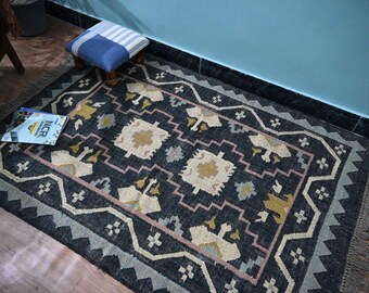 Handmade Wool Jute Kilim Rug / Black Vintage Style Area Rug / Southwestern Geometric Tribal Rug / Dark Boho Flatweave Rug / Neutral Kelim
