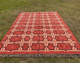 Handmade Wool Jute Kilim Rug, Terracotta Red Boho Flatweave Area Rug, Geometric Southwestern Tribal Carpet, Rustic Farmhouse Decor