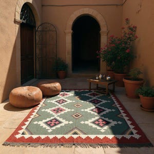May include: A patterned rug with a green central field, red border, and geometric design. Two brown leather pouffes and a small wooden table are in the background. The scene is set in an outdoor courtyard with arched doorways.