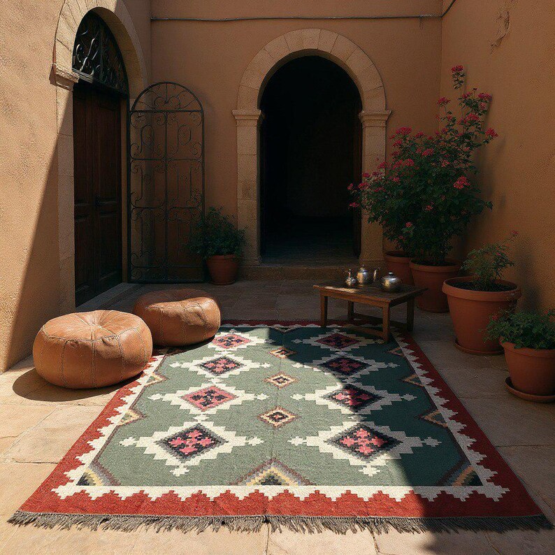 May include: A patterned rug with a green central field, red border, and geometric design. Two brown leather pouffes and a small wooden table are in the background. The scene is set in an outdoor courtyard with arched doorways.