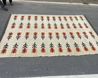 Handwoven Wool Jute Kilim Rug | Southwestern Arrow Pattern Area Rug | Earthy Terracotta Boho Flatweave | Vintage Style Tribal Accent Carpet