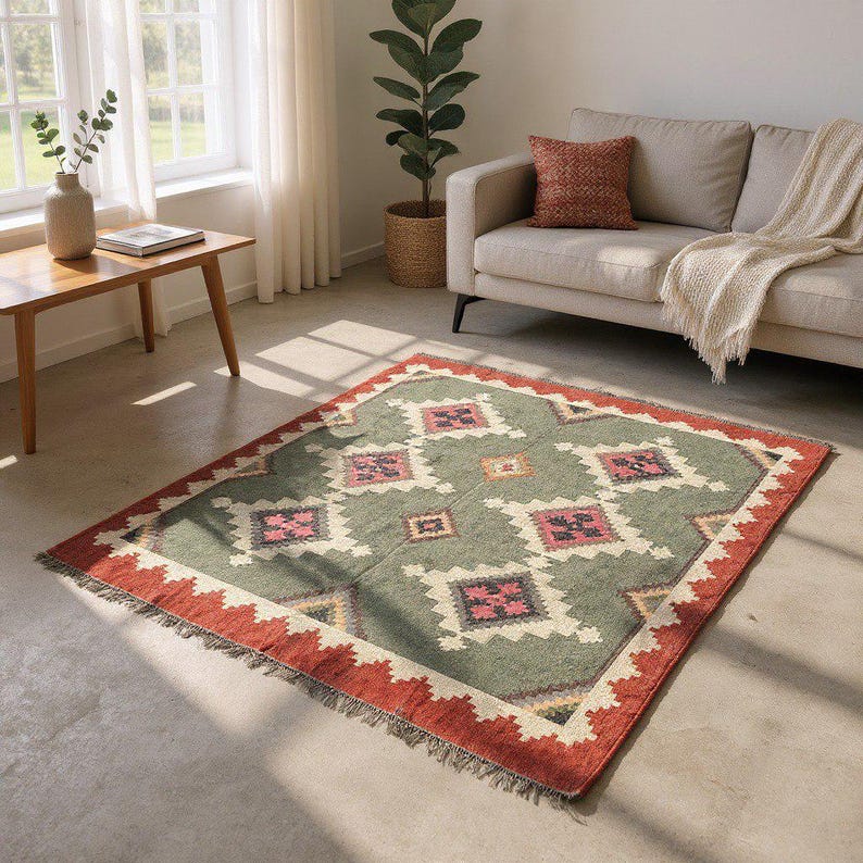 May include: A rectangular rug with a geometric pattern. The rug has a sage green field with diamond shapes in white, pink, and black. A red border with a zig-zag design frames the rug, and it has a fringed edge.