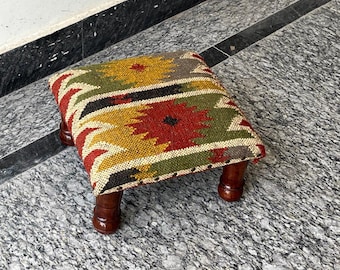 Bohemian Moroccan Kilim Pouf Stool – Handmade Acacia Wood Ottoman for Cozy Living Spaces.