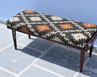Handwoven Wool Jute Kilim Bench | Boho Geometric Upholstered Footrest & Ottoman | Southwestern Wooden Entryway Bench | ,Black Terracotta