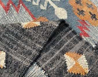 Vintage Wool Jute Kilim Rug – Handwoven Southwestern Dhurrie, Custom Size Traditional Area Carpet, Flatweave kilim home decor Black jute rug