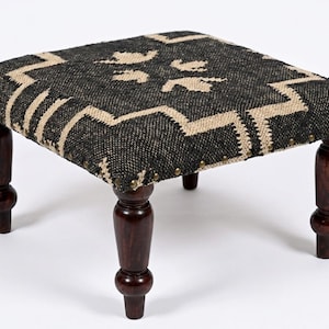 Vintage Kilim Footstool with Turned Wooden Legs, Black and Cream Boho Ottoman, Handwoven Wool Pouf, Small Rustic Stool, Indian Furniture