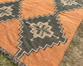Handmade Wool Jute Kilim Rug, Southwestern Terracotta Area Rug, Vintage Geometric Flatweave, Large Boho Living Room Rug, Tribal Kilim 8x10