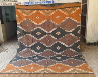 Handmade Wool Jute Rug - Kilim Area Rug, Geometric Southwestern Rug, Terracotta Charcoal Flatweave, Living Room Rug, Large Aztec Indian Rug
