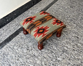 Handmade Kilim Upholstered Acacia Wood Pouf Ottoman: Bohemian Home Decor.