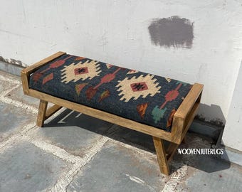 Handmade Folding Kilim Bench | Teakwood Frame, Boho Ottoman  Perfect for Living Room-Entryway Decor Kilim Bench