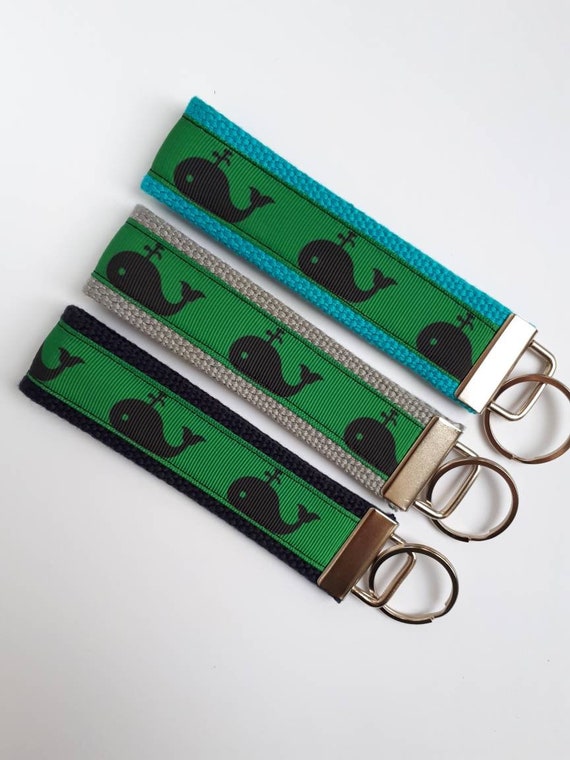 Preppy Whales Navy Aqua Fabric Key Fob Free Shipping