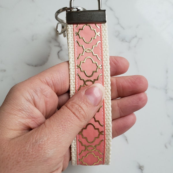 Coral and Gold Key Fob- Womens Keychain- Gold Quatrefoil KEY FOB- Wristlet Key Fob Key Chain- Key Lanyard- Womens Gift for Her Under 10
