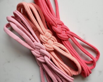 Womens Sailor Knot Headband in Coral Peach Pink - Adult Celtic Knot Hairband - Upcycled T-shirt Stretch Jersey Headband - Ready to Ship