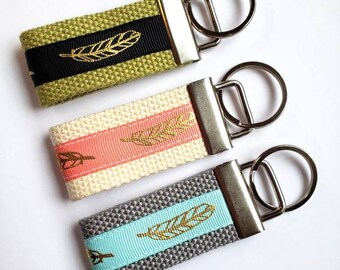 Pretty Mini KEY FOB - Gold Feather Key Chain - Gold Keychain Holder - Womens Key Ring - Wristlet Key Fob - Womens Gift for Her Under 10