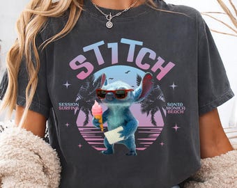 Comfort Colors® Disneyland Summer Vacation Stitch Lilo Movie Stitch Session Surfing Shirt, Disney Beach Tee, Stitch Santa Monica Beach Shirs