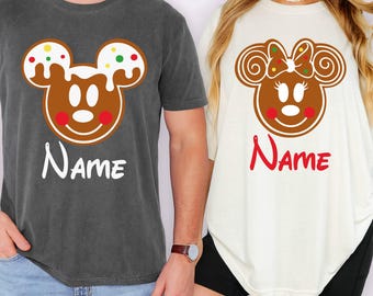 Comfort Colors® Customizable Mickey Minnie Gingerbread Holiday Tee,Custom Name Couple Mickey Minnie Ears Mickey's Very Merry Christmas Shirt