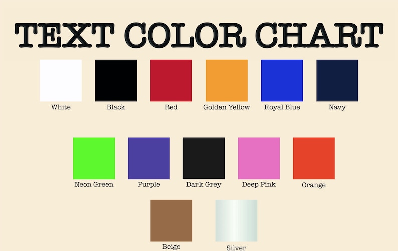 Puede incluir: Una tabla de colores de texto con el t&iacute;tulo "TEXT COLOR CHART" en letras negras en negrita. La tabla muestra 12 muestras de color: blanco, negro, rojo, amarillo dorado, azul real, azul marino, verde ne&oacute;n, morado, gris oscuro, rosa intenso, naranja y plata.