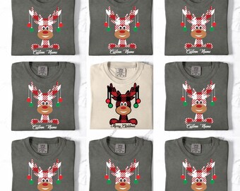 Comfort Colors® Personalized Reindeer Matching Family Merry Christmas Shirt, Custom Reindeer Xmas Sweater, Christmas Name Family Reunion Tee