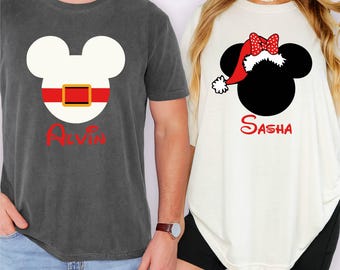 Comfort Colors®Custom Name Mickey Minnie Mouse Disney Couple Christmas Shirt,Custom Mickey's Merry Xmas Party Disneyland Couple Matching Tee
