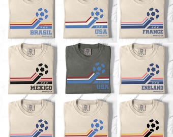 Camisetas unisex retro de fútbol Comfort Colors®: Brasil, Argentina, Estados Unidos, México, Inglaterra, Portugal, Francia, Alemania. Mundial 2026.