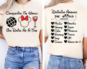 Comfort Colors®Conquering the World One Drink at a Time Disney Mickey Minnie Matching Epcot Shirt, Food and Wine Festival Disney Wine Shirt