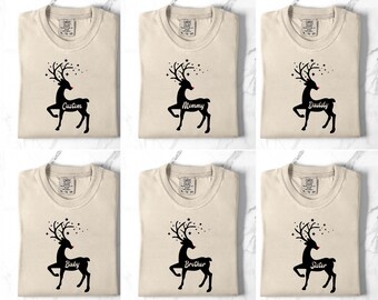 Comfort Colors® Personalized Custom Reindeer Family Matching Merry Christmas Shirt, Custom Reindeer Christmas Name Family Reunion Sweatshirt
