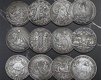 Juego de 12 monedas antiguas de plata del zodíaco