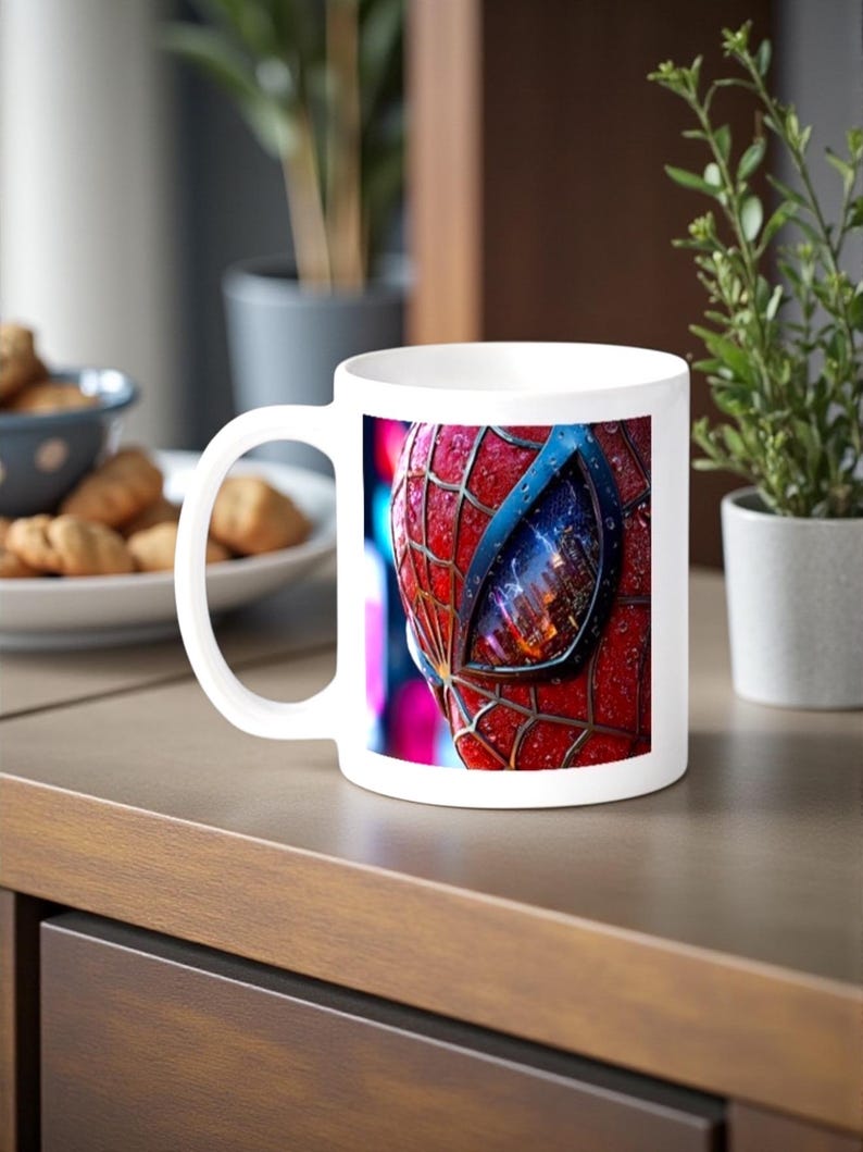 May include: White ceramic mug featuring a close-up of Spider-Man's mask. The design showcases the red and black webbed texture with a blue-tinted lens reflecting a cityscape. The mug has a curved handle and is set on a wooden surface.