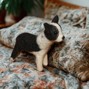 Miniature Felted Black and White Dog – Handmade Wool Dog Figurine – Cute Needle Felt Puppy – Small Dog Lover Gift