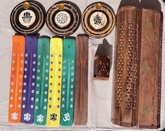 Wooden Incense Burner Collection | Handcrafted Ash Catcher, Mango Wood Stick Holder, Spiritual Home Decor, Ganesha Om Hamsa Coaster Box