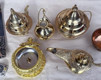 Metal Incense Burner Collection | Brass Hanging Censer, Aladdin Oil Lamp, Tree of Life Ash Catcher, Copper Offering Bowl, Ritual Altar Decor