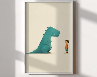 Impresión de un simpático T-Rex y un niño dinosaurio: arte mural infantil para la habitación de un bebé o un dormitorio.