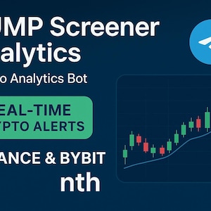 Peut inclure: Graphique bleu foncé avec le texte "PUMP Screener Analytics" et "Crypto Analytics Bot". Un rectangle vert indique "REAL-TIME CRYPTO ALERTS". Un graphique montre une tendance à la hausse. Un logo Telegram est en haut à droite.