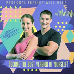 Peut inclure: Image promotionnelle avec un homme et une femme souriants, probablement des coachs personnels. Le fond est un dégradé de bleus et de violets avec des formes géométriques en turquoise, rose et jaune. Le texte dit "PERSONAL TRAINER WILL HELP" et "BECOME THE BEST VERSION OF YOURSELF!"