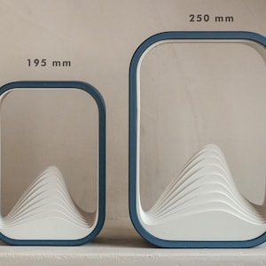 Puede incluir: Dos marcos decorativos rectangulares modernos con esquinas redondeadas. Los marcos tienen un borde azul y un dise&ntilde;o blanco en capas en forma de monta&ntilde;a en el interior. El marco m&aacute;s grande mide 25 cm de alto, y el m&aacute;s peque&ntilde;o, 19,5 cm.