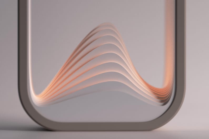 Puede incluir: Obra de arte abstracta que presenta una serie de l&iacute;neas curvas y superpuestas de color melocot&oacute;n dentro de un marco cuadrado gris claro. Las l&iacute;neas crean un patr&oacute;n ondulado, sobre un fondo suave y neutro. La est&eacute;tica general es minimalista y moderna.