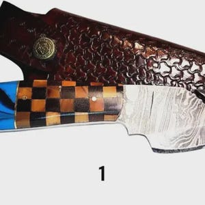 1. Handcrafted skinning knife, Damascus steel blade, exotic wood and resin handle and worked leather sheath