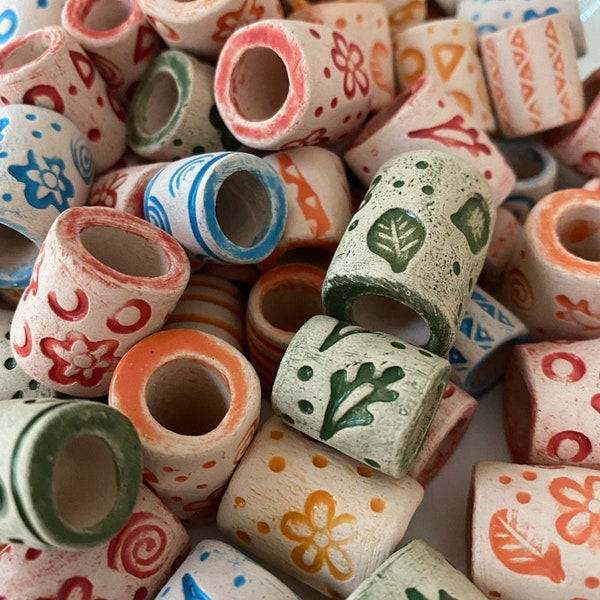 Set of 5 Handmade Ceramic Glazed Beads Assorted Green Red Yellow Orange Blue Color Size 7-8, 9-10, 11-13 mm Dreadlocks Dreads Macrame Crafts