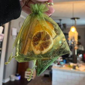 May include: A green mesh sachet filled with dried orange slices, a lemon slice, cinnamon sticks, and sprigs of rosemary. The sachet is tied with a green ribbon. The contents are visible through the sheer fabric.