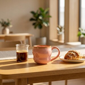 Pode incluir: Uma caneca de cerâmica rosa com formato arredondado e orgânico e uma alça lisa, posicionada ao lado de uma pequena jarra de vidro transparente cheia de café preto e um prato branco com um croissant de amêndoas dourado numa mesa de madeira.