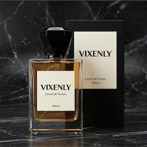 May include: A perfume bottle and box set. The perfume bottle is rectangular with a black geometric cap. The bottle and box feature the brand name "VIXENLY" in a bold font. The bottle contains 100ml of perfume, labeled "Extrait de Parfum."