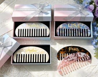 Peine de acetato personalizado con peine, peine con nombre personalizado, regalo de cumpleaños, peine de dientes anchos, regalo para ella, regalo de boda, regalo de dama de honor